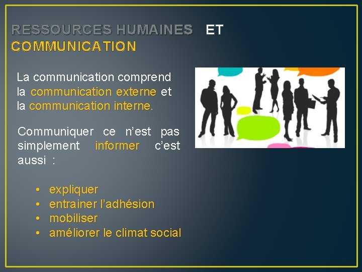 RESSOURCES HUMAINES ET COMMUNICATION La communication comprend la communication externe et la communication interne