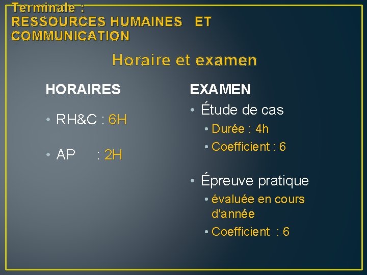 Terminale : RESSOURCES HUMAINES ET COMMUNICATION Horaire et examen HORAIRES • RH&C : 6