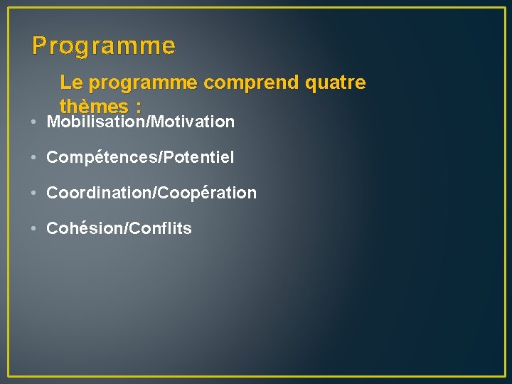 Programme Le programme comprend quatre thèmes : • Mobilisation/Motivation • Compétences/Potentiel • Coordination/Coopération •