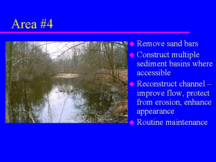 Area #4 u Remove sand bars u Construct multiple sediment basins where accessible u