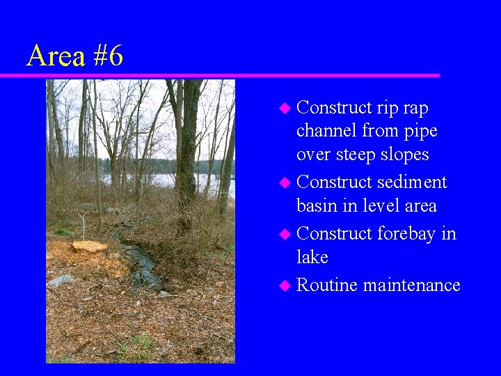 Area #6 u Construct rip rap channel from pipe over steep slopes u Construct