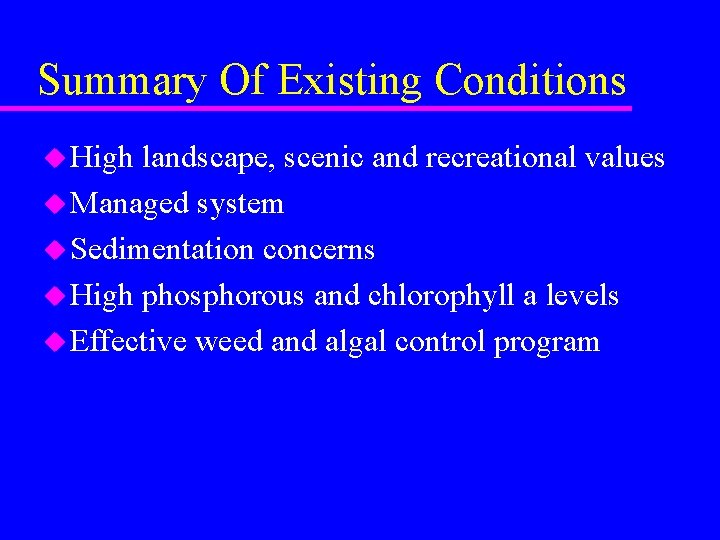 Summary Of Existing Conditions u High landscape, scenic and recreational values u Managed system