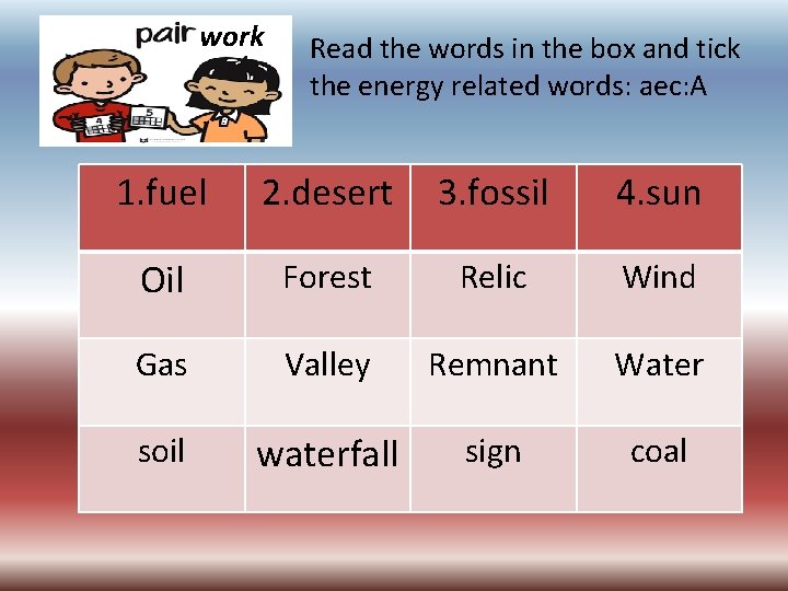 work Read the words in the box and tick the energy related words: aec: