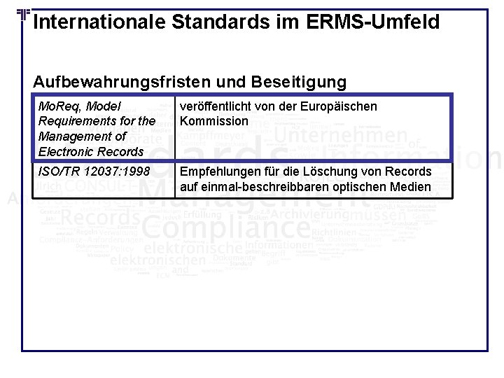 Internationale Standards im ERMS-Umfeld Aufbewahrungsfristen und Beseitigung Mo. Req, Model Requirements for the Management