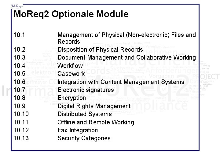 Mo. Req 2 Optionale Module 10. 1 10. 2 10. 3 10. 4 10.