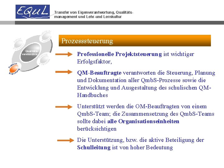 Transfer von Eigenverantwortung, Qualitätsmanagement und Lehr-und Lernkultur Prozesssteuerung Professionelle Projektsteuerung ist wichtiger Erfolgsfaktor, QM-Beauftragte