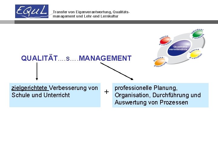 Transfer von Eigenverantwortung, Qualitätsmanagement und Lehr-und Lernkultur QUALITÄT. . s…. MANAGEMENT zielgerichtete Verbesserung von