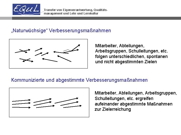 Transfer von Eigenverantwortung, Qualitätsmanagement und Lehr-und Lernkultur „Naturwüchsige“ Verbesserungsmaßnahmen Mitarbeiter, Abteilungen, Arbeitsgruppen, Schulleitungen, etc.