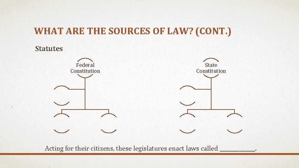 WHAT ARE THE SOURCES OF LAW? (CONT. ) Statutes Federal Constitution State Constitution Acting