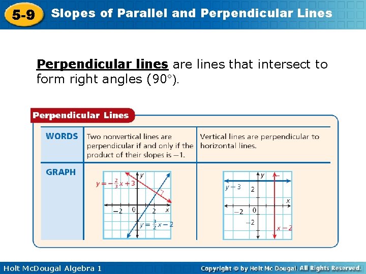 5 -9 Slopes of Parallel and Perpendicular Lines Perpendicular lines are lines that intersect