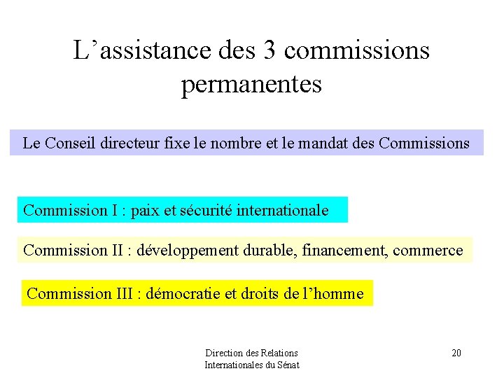 L’assistance des 3 commissions permanentes Le Conseil directeur fixe le nombre et le mandat