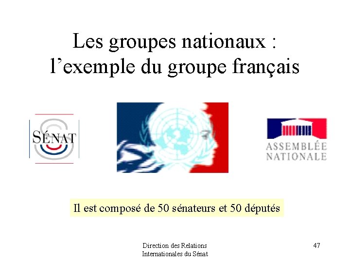 Les groupes nationaux : l’exemple du groupe français Il est composé de 50 sénateurs