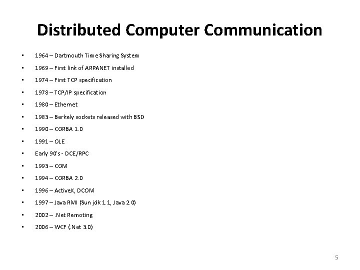 Distributed Computer Communication • 1964 – Dartmouth Time Sharing System • 1969 – First