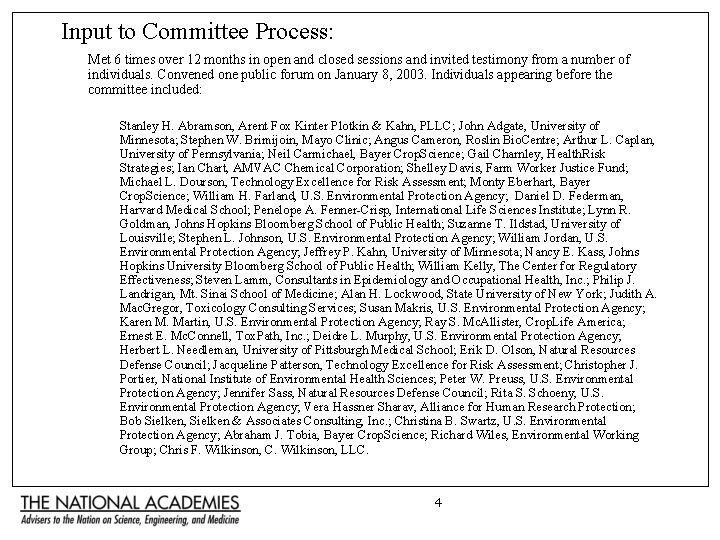 Input to Committee Process: Met 6 times over 12 months in open and closed