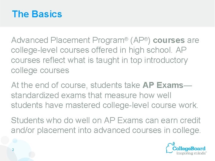 The Basics Advanced Placement Program® (AP®) courses are college-level courses offered in high school.