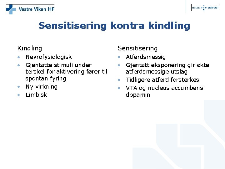 Sensitisering kontra kindling Kindling Sensitisering • Nevrofysiologisk • Gjentatte stimuli under terskel for aktivering
