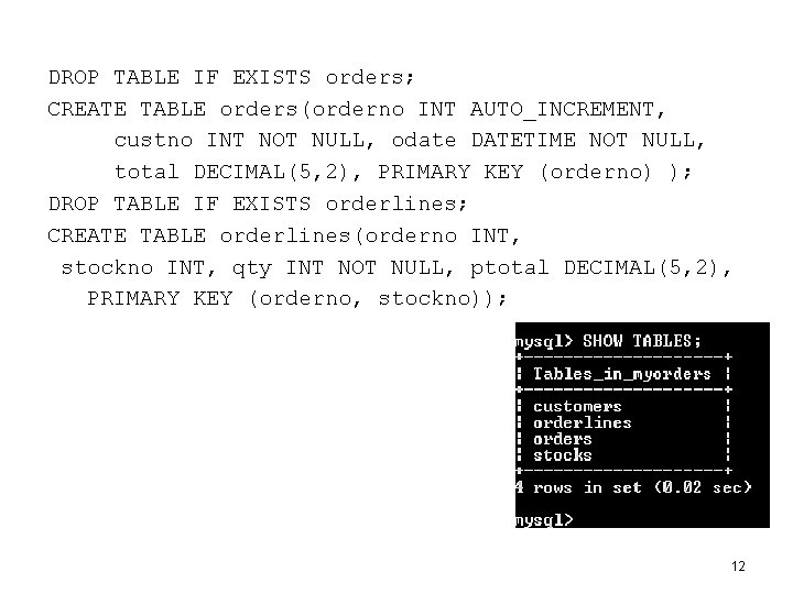 DROP TABLE IF EXISTS orders; CREATE TABLE orders(orderno INT AUTO_INCREMENT, custno INT NOT NULL,