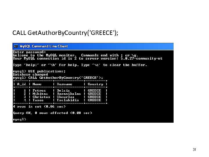 CALL Get. Author. By. Country('GREECE'); 31 