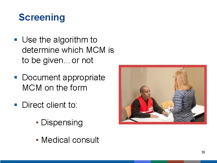 Screening § Use the algorithm to determine which MCM is to be given…or not