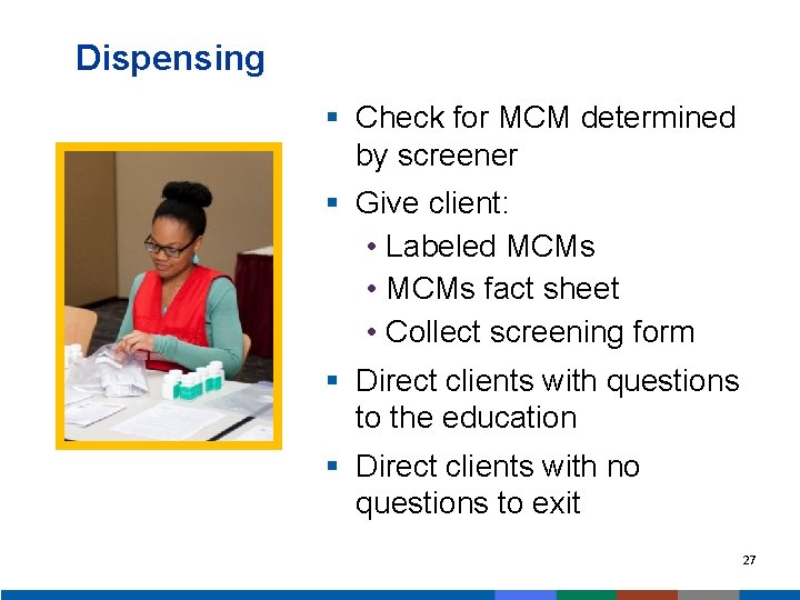 Dispensing § Check for MCM determined by screener § Give client: • Labeled MCMs