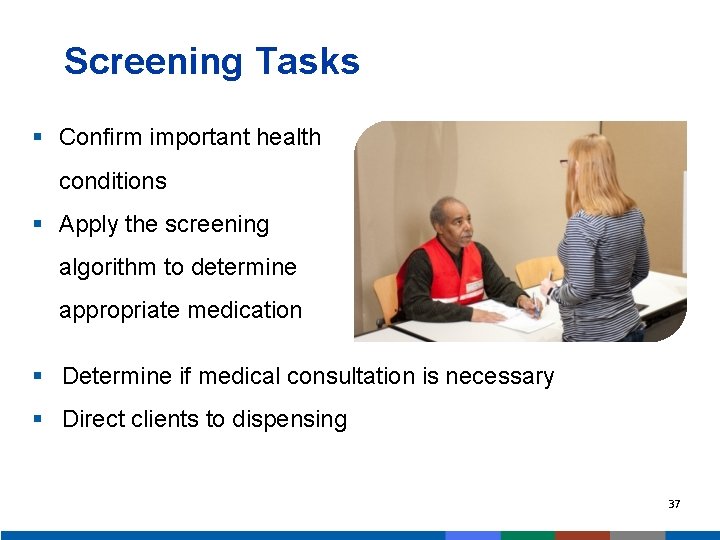Screening Tasks § Confirm important health conditions § Apply the screening algorithm to determine