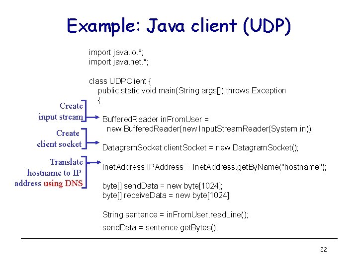 Example: Java client (UDP) import java. io. *; import java. net. *; Create input