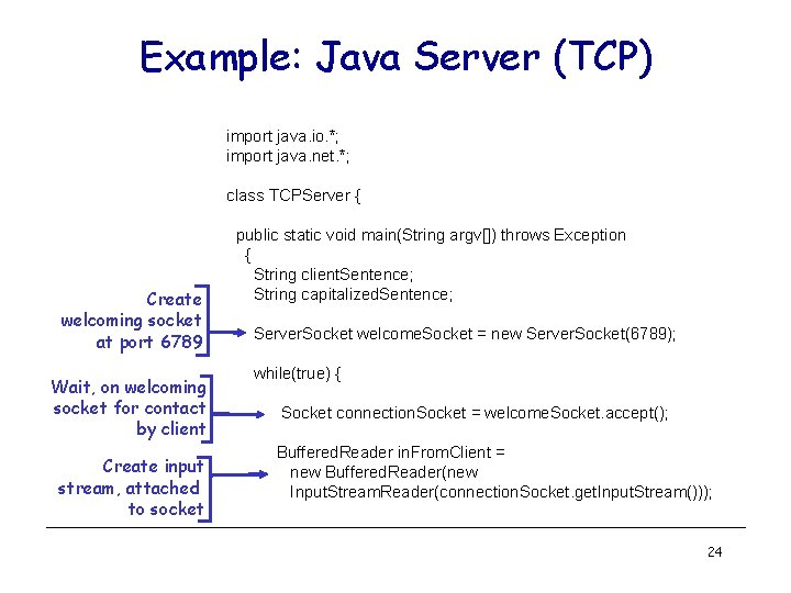 Example: Java Server (TCP) import java. io. *; import java. net. *; class TCPServer