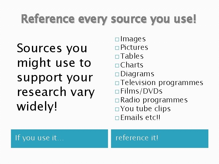 Reference every source you use! Sources you might use to support your research vary