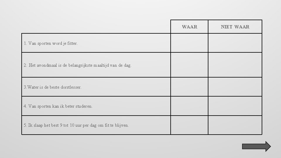 WAAR 1. Van sporten word je fitter. 2. Het avondmaal is de belangrijkste maaltijd