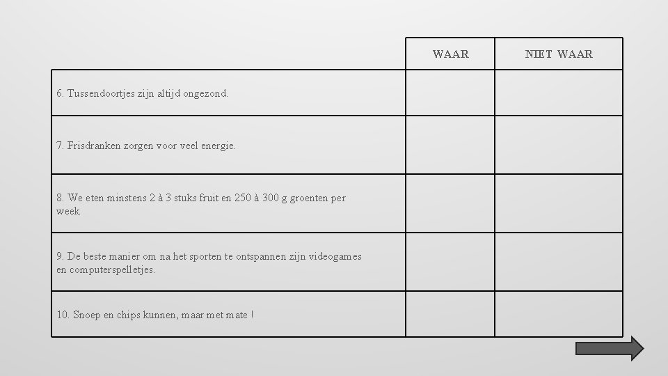 WAAR 6. Tussendoortjes zijn altijd ongezond. 7. Frisdranken zorgen voor veel energie. 8. We