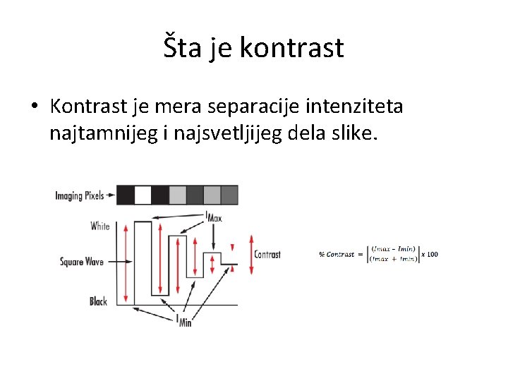 Šta je kontrast • Kontrast je mera separacije intenziteta najtamnijeg i najsvetljijeg dela slike.