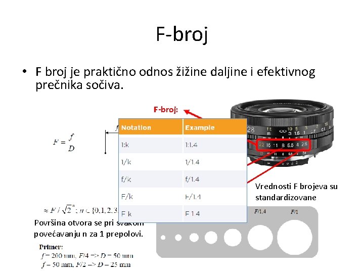 F-broj • F broj je praktično odnos žižine daljine i efektivnog prečnika sočiva. F-broj: