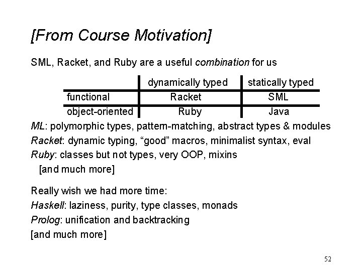 [From Course Motivation] SML, Racket, and Ruby are a useful combination for us dynamically