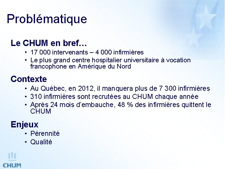 Problématique Le CHUM en bref… • 17 000 intervenants – 4 000 infirmières •