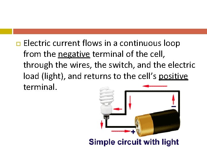  Electric current flows in a continuous loop from the negative terminal of the