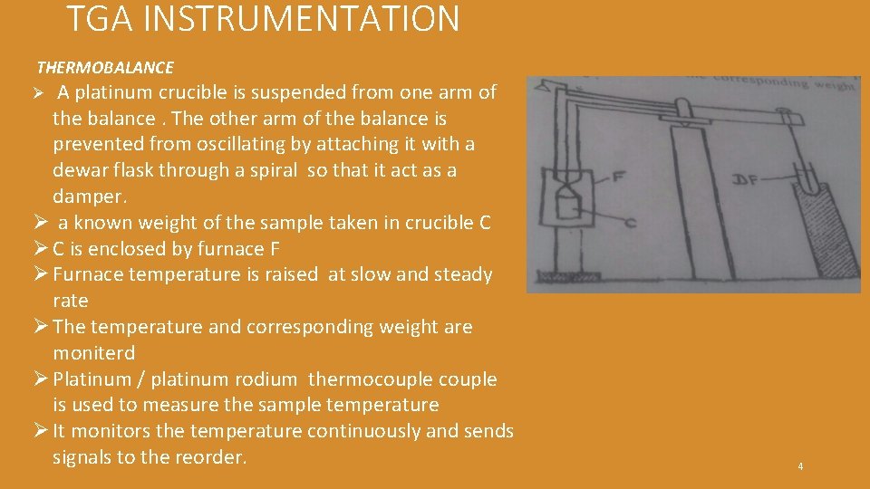 TGA INSTRUMENTATION THERMOBALANCE A platinum crucible is suspended from one arm of the balance.