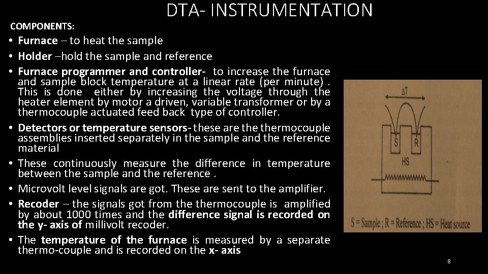 COMPONENTS: DTA- INSTRUMENTATION • Furnace – to heat the sample • Holder –hold the