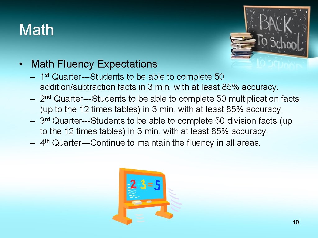 Math • Math Fluency Expectations – 1 st Quarter---Students to be able to complete Math • Math Fluency Expectations – 1 st Quarter---Students to be able to complete