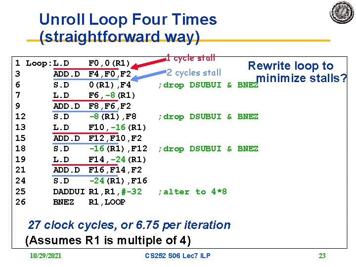 Unroll Loop Four Times (straightforward way) 1 Loop: L. D 3 ADD. D 6