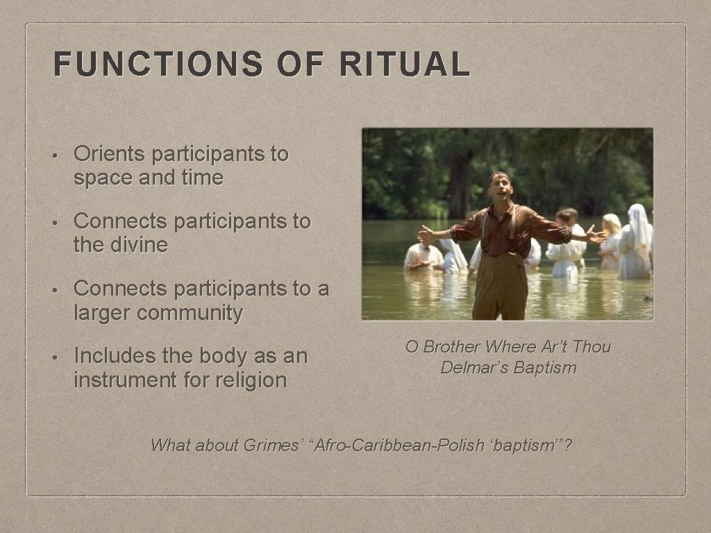 FUNCTIONS OF RITUAL • Orients participants to space and time • Connects participants to