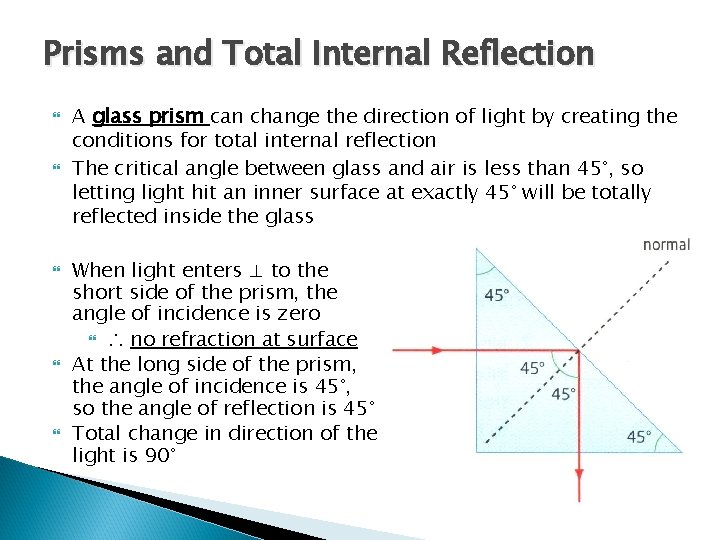 Prisms and Total Internal Reflection A glass prism can change the direction of light Prisms and Total Internal Reflection A glass prism can change the direction of light