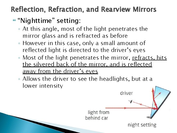 Reflection, Refraction, and Rearview Mirrors “Nighttime” setting: ◦ At this angle, most of the Reflection, Refraction, and Rearview Mirrors “Nighttime” setting: ◦ At this angle, most of the