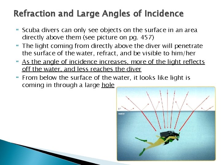 Refraction and Large Angles of Incidence Scuba divers can only see objects on the Refraction and Large Angles of Incidence Scuba divers can only see objects on the