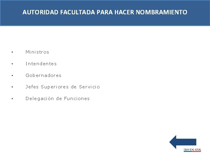 AUTORIDAD FACULTADA PARA HACER NOMBRAMIENTO • Ministr os • Intendentes • Gobern adores •