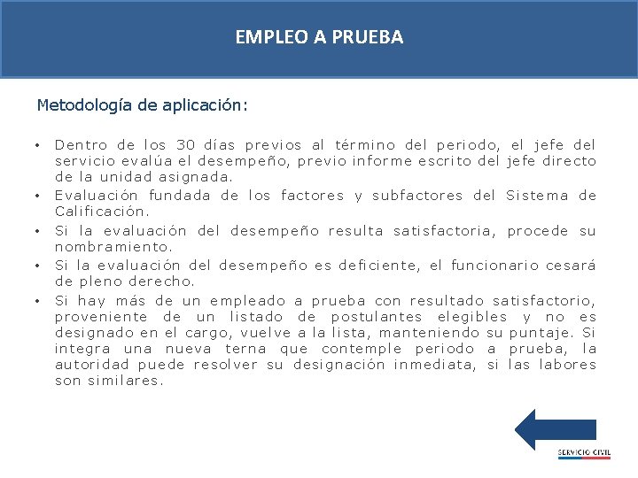 EMPLEO A PRUEBA Metodología de aplicación: • • • Dentro de los 30 días