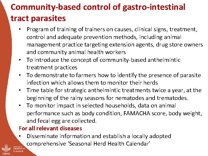 Community-based control of gastro-intestinal tract parasites • Program of training of trainers on causes,