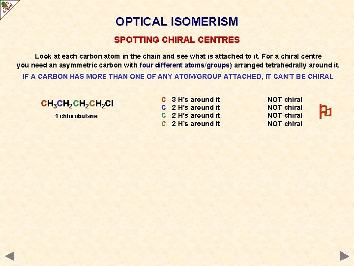OPTICAL ISOMERISM SPOTTING CHIRAL CENTRES Look at each carbon atom in the chain and