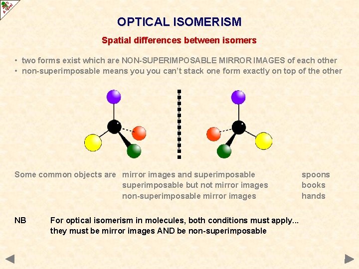 OPTICAL ISOMERISM Spatial differences between isomers • two forms exist which are NON-SUPERIMPOSABLE MIRROR