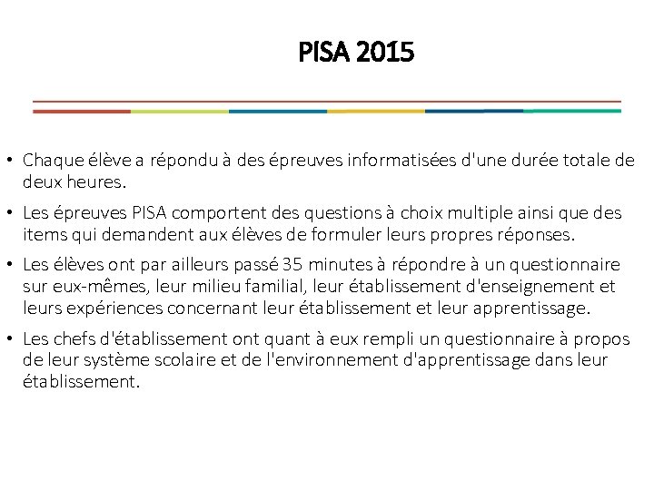 PISA 2015 • Chaque élève a répondu à des épreuves informatisées d'une durée totale