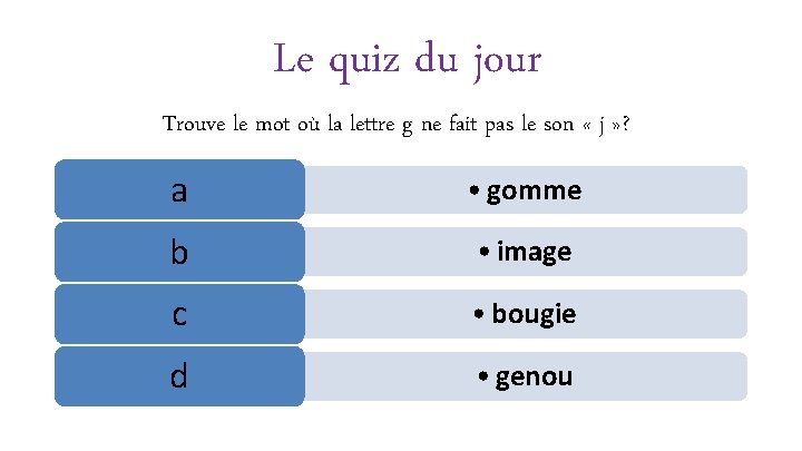 Le quiz du jour Trouve le mot où la lettre g ne fait pas